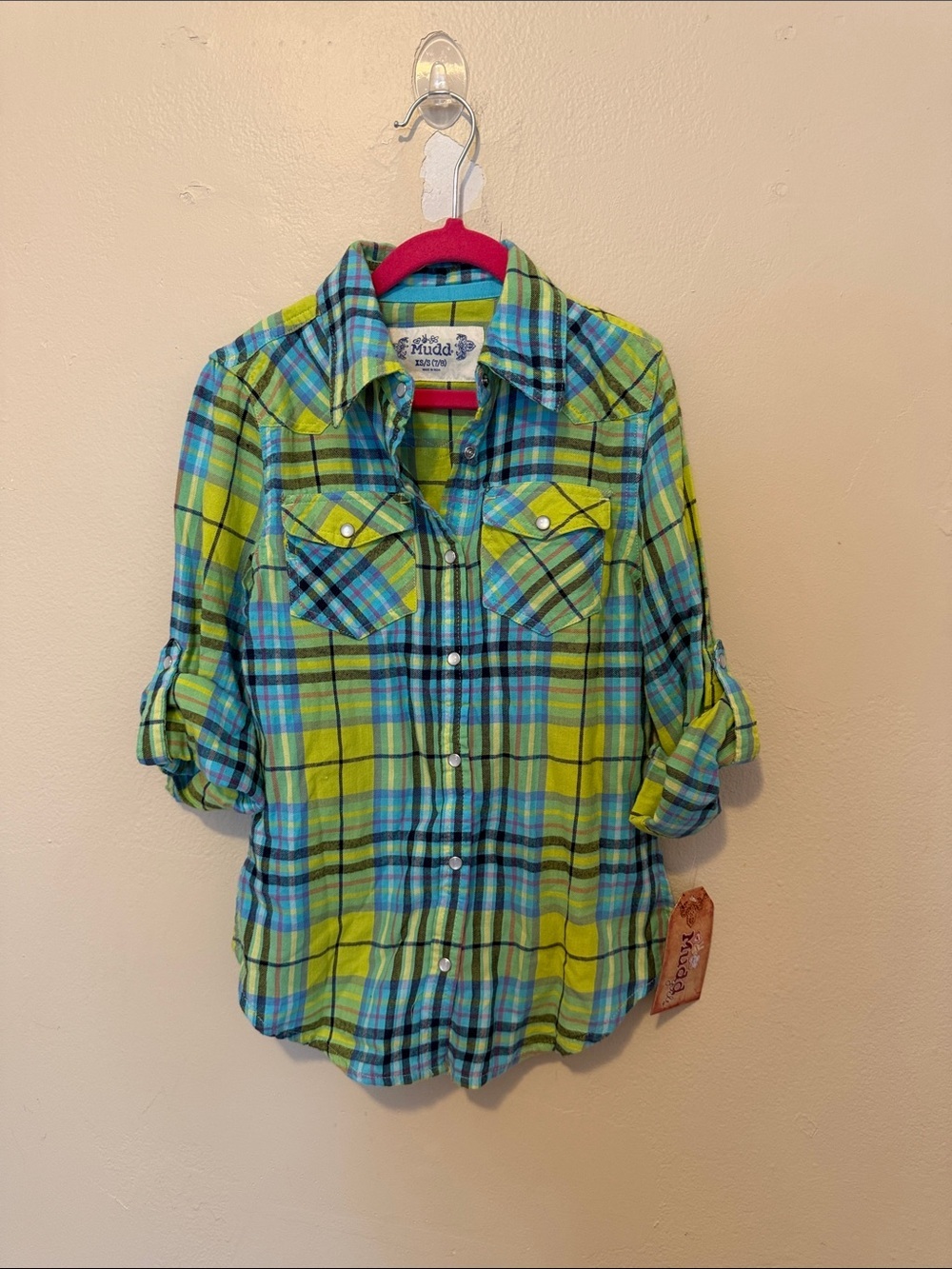 Mudd Lime Green and Blue Plaid Button-Down Shirt